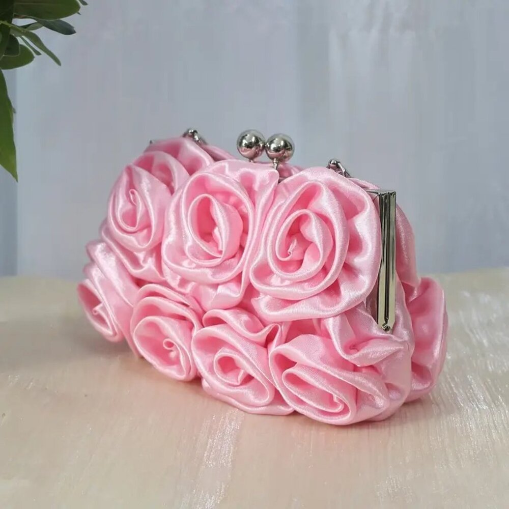 Elegant Pink Satin Roses Party Purse Handbag w/Rhinestone Handle & Chain - Picture 6 of 11